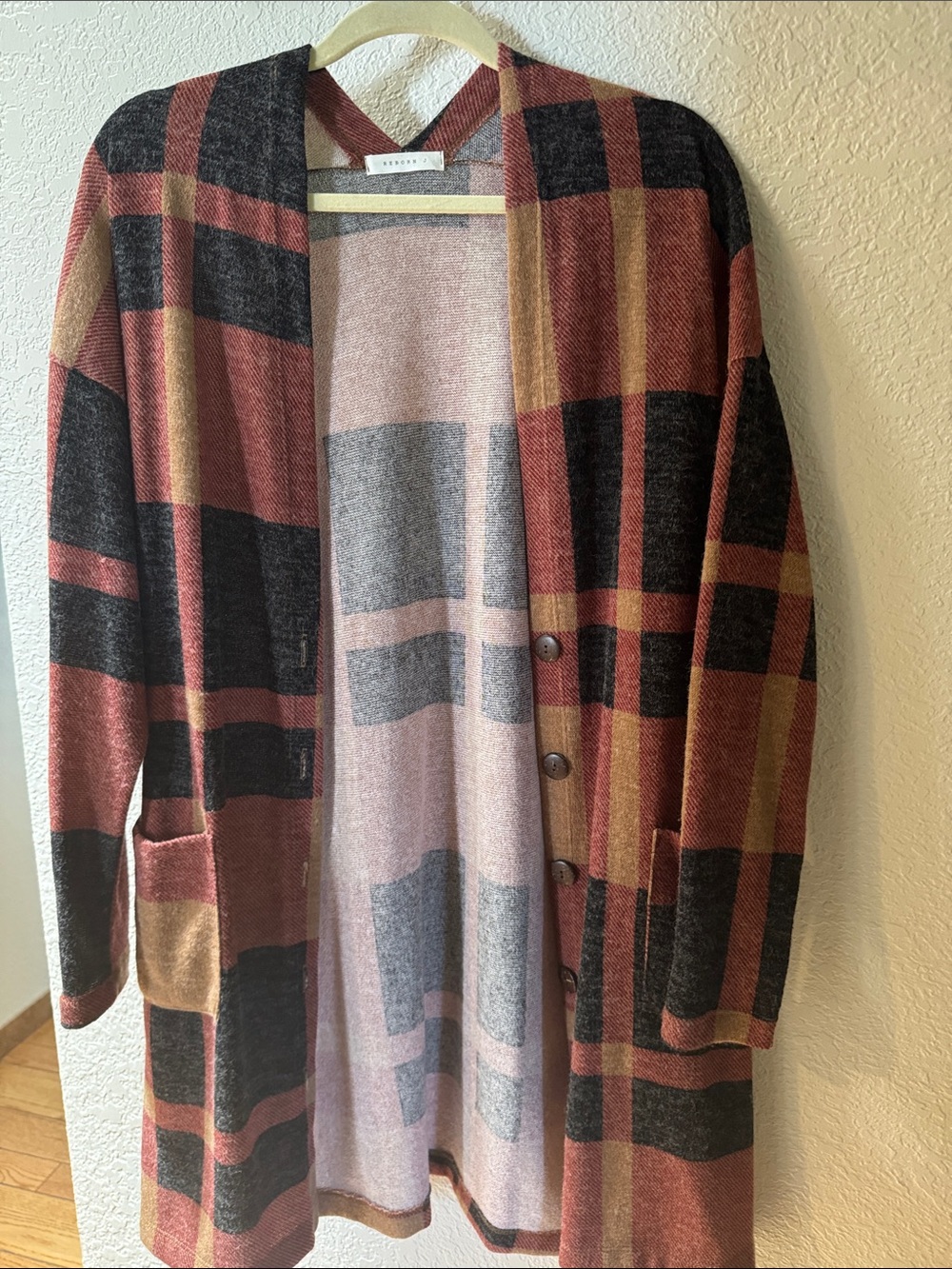 Reborn Plaid Open Cardigan in Rust, Black & Tan